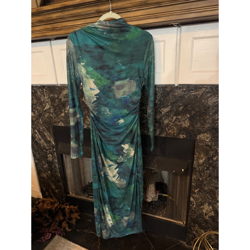 Merokeety Teal Green Abstract Mesh Mock Neck Ruched Midi Dress Long Sleeve S
